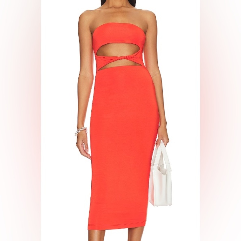 Sero.ya strapless midi dress with twist detail bodice cutouts.